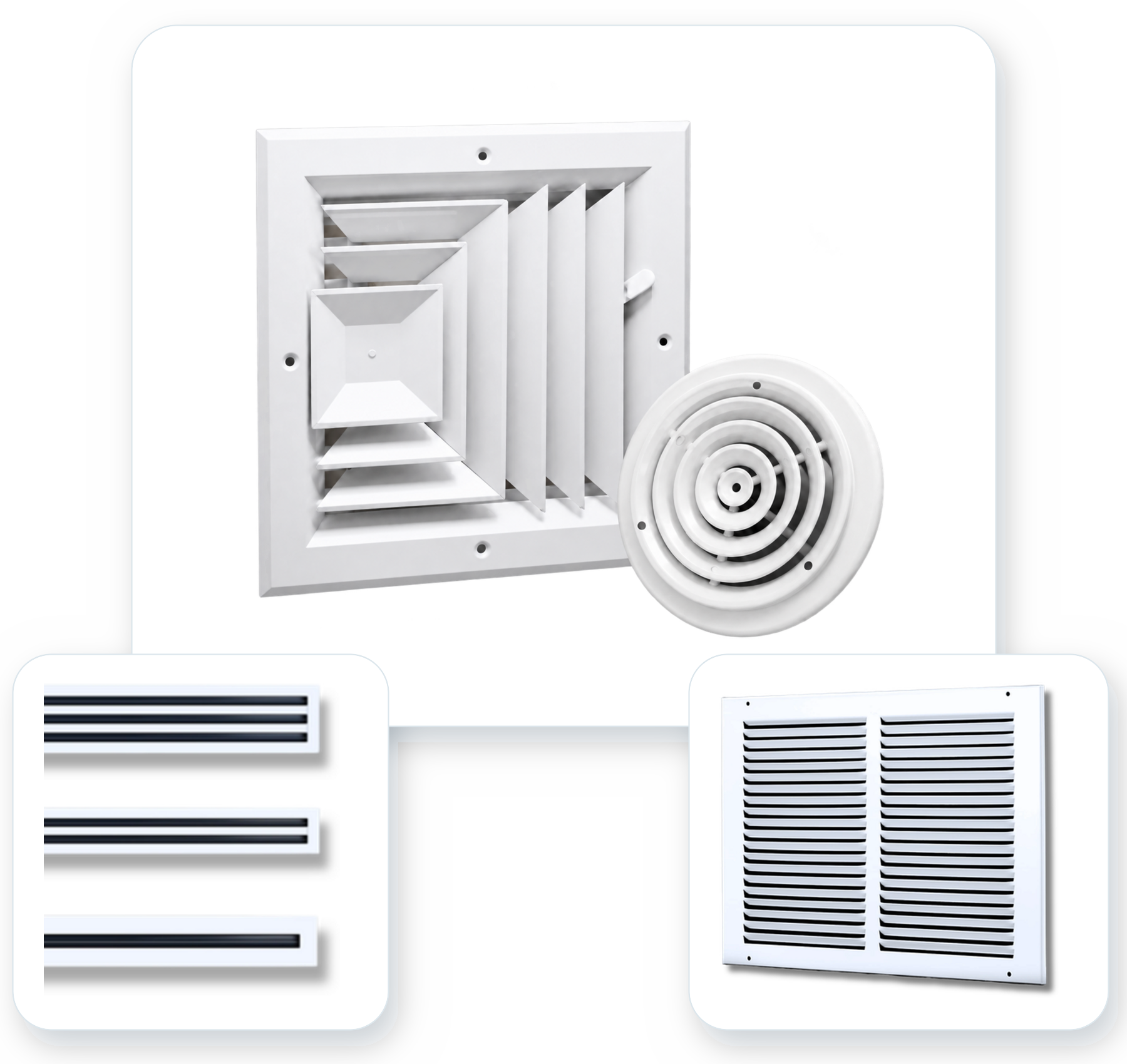SHARGO AC2C square ceiling diffuser, ARD round diffuser, linear slot diffusers and return air grille